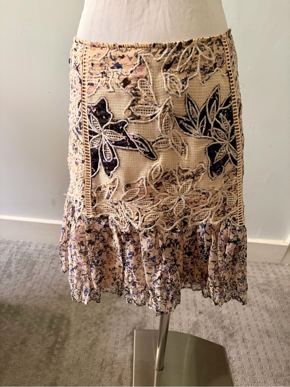 Kobi Halperin Pink Skirt with Navy Floral Appliqué